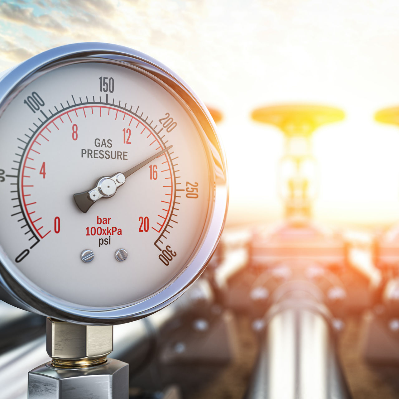 A close-up of a pressure gauge on a piping system for the Industrial Gas market