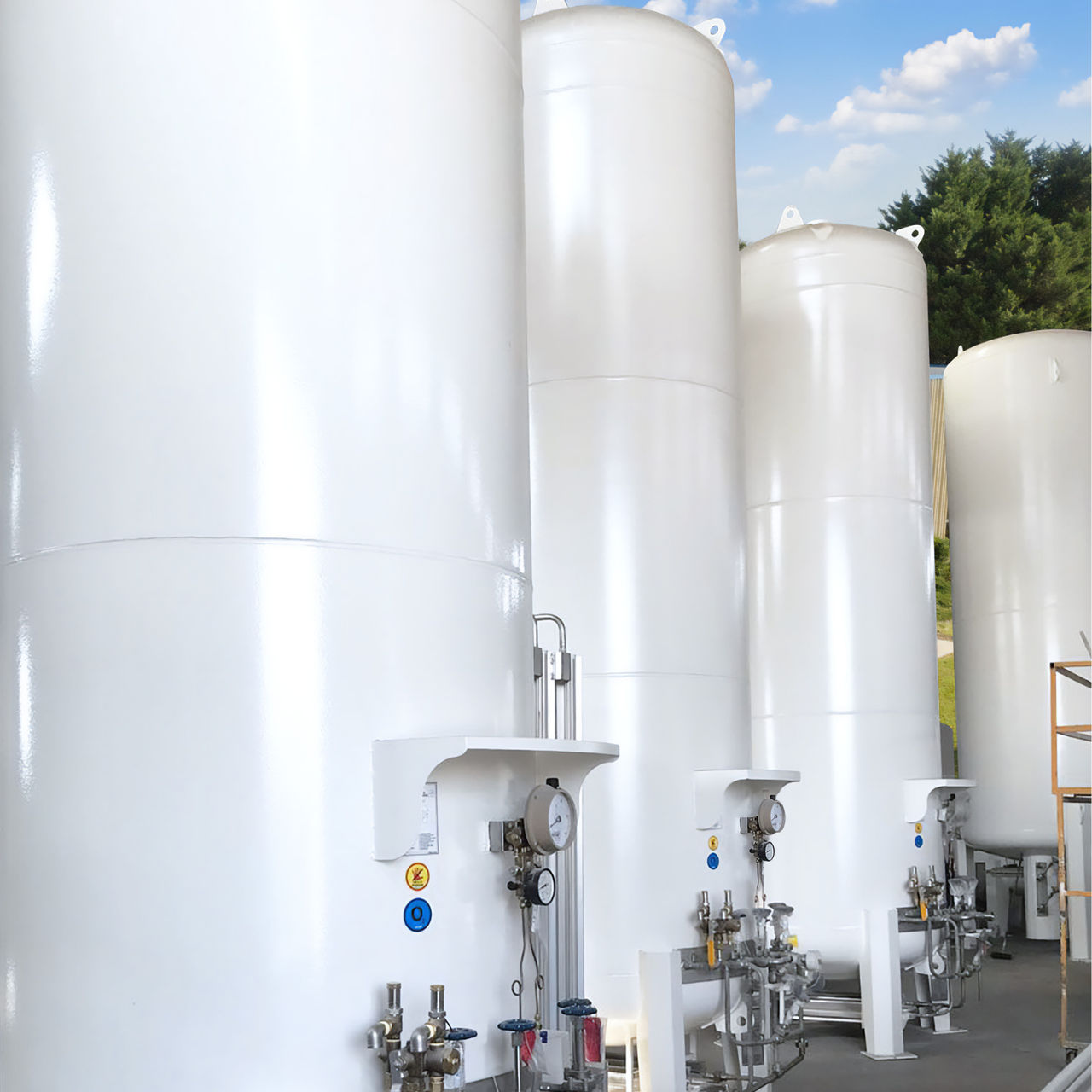 Vertical LNG tanks lined up next to each other